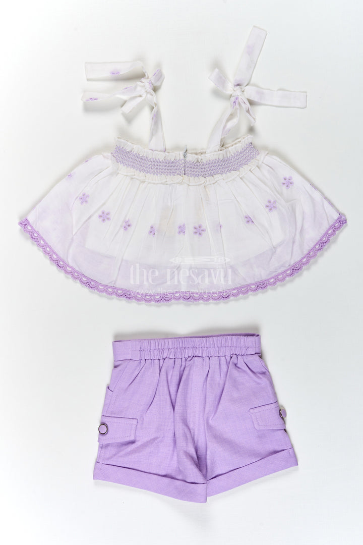The Nesavu Baby Cotton Frocks Baby Girls Purple Cotton Tie Up Frock with Hakoba Embroidered Sleeveless Top and Matching Shorts Nesavu Baby Girls Purple Cotton Tie Up Frock Hakoba Embroidered Sleeveless Top Shorts | The Nesavu