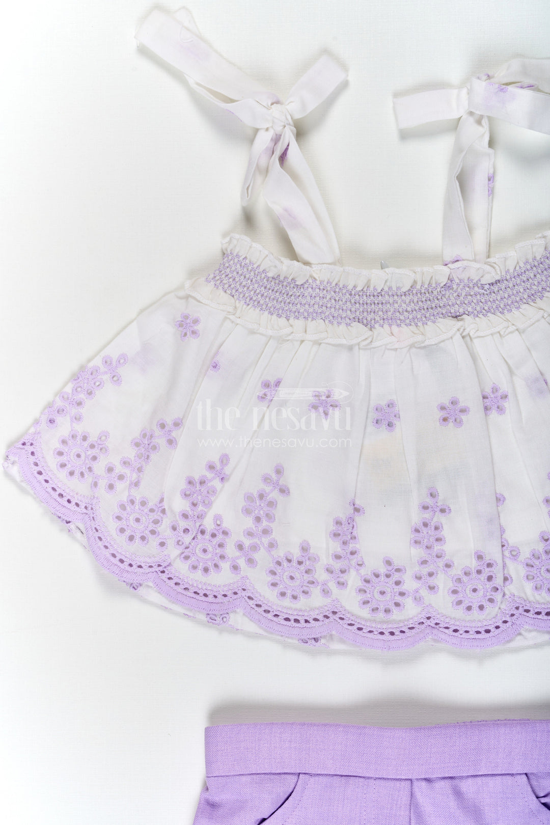 The Nesavu Baby Cotton Frocks Baby Girls Purple Cotton Tie Up Frock with Hakoba Embroidered Sleeveless Top and Matching Shorts Nesavu Baby Girls Purple Cotton Tie Up Frock Hakoba Embroidered Sleeveless Top Shorts | The Nesavu