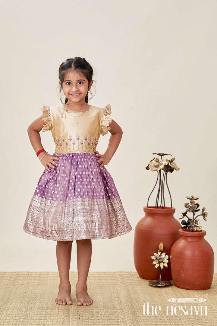 The Nesavu Silk Frock Baby Girls Purple Silk Blend Frock with Tissue Bottom Nesavu 16 (1Y) / Purple SF1037A-16 Nesavu Baby Girl Purple Silk Frock With Tissue Bottom And Embroidery Festive Occasion Wear