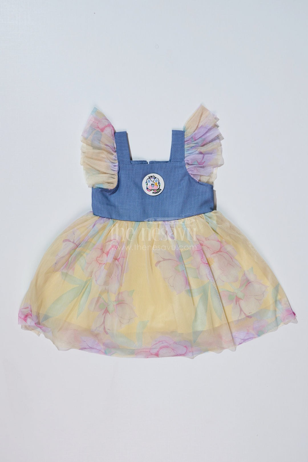 The Nesavu Baby Fancy Frock Baby Girls Super Soft Net Digital Printed Casual Frock with Ruffled Sleeves and Contrast Bodice Nesavu 14 (6M) / Yellow BFJ716A-14 Baby Girls Super Soft Net Digital Printed Casual Frock Ruffled Sleeves | The Nesavu