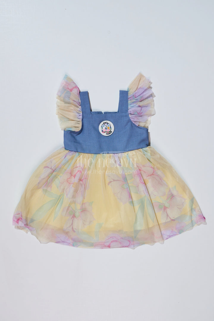 The Nesavu Baby Fancy Frock Baby Girls Super Soft Net Digital Printed Casual Frock with Ruffled Sleeves and Contrast Bodice Nesavu 14 (6M) / Yellow BFJ716A-14 Baby Girls Super Soft Net Digital Printed Casual Frock Ruffled Sleeves | The Nesavu