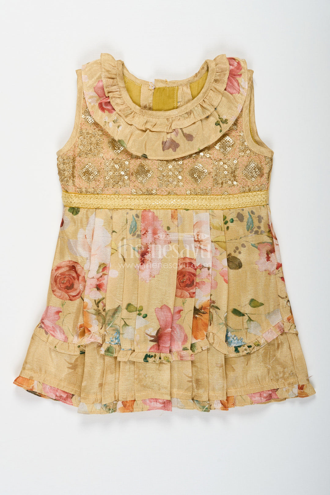 The Nesavu Baby Cotton Frocks Baby Girls Tissue Summer Frock for Baby with Floral Digital Print and Sequins Embroidered Yoke Nesavu 14 (6M) / Yellow BFJ771A-14 Baby Girls Summer Frock with Floral Digital Print and Sequin Embroidered Yoke for Everyday Wear | The Nesavu