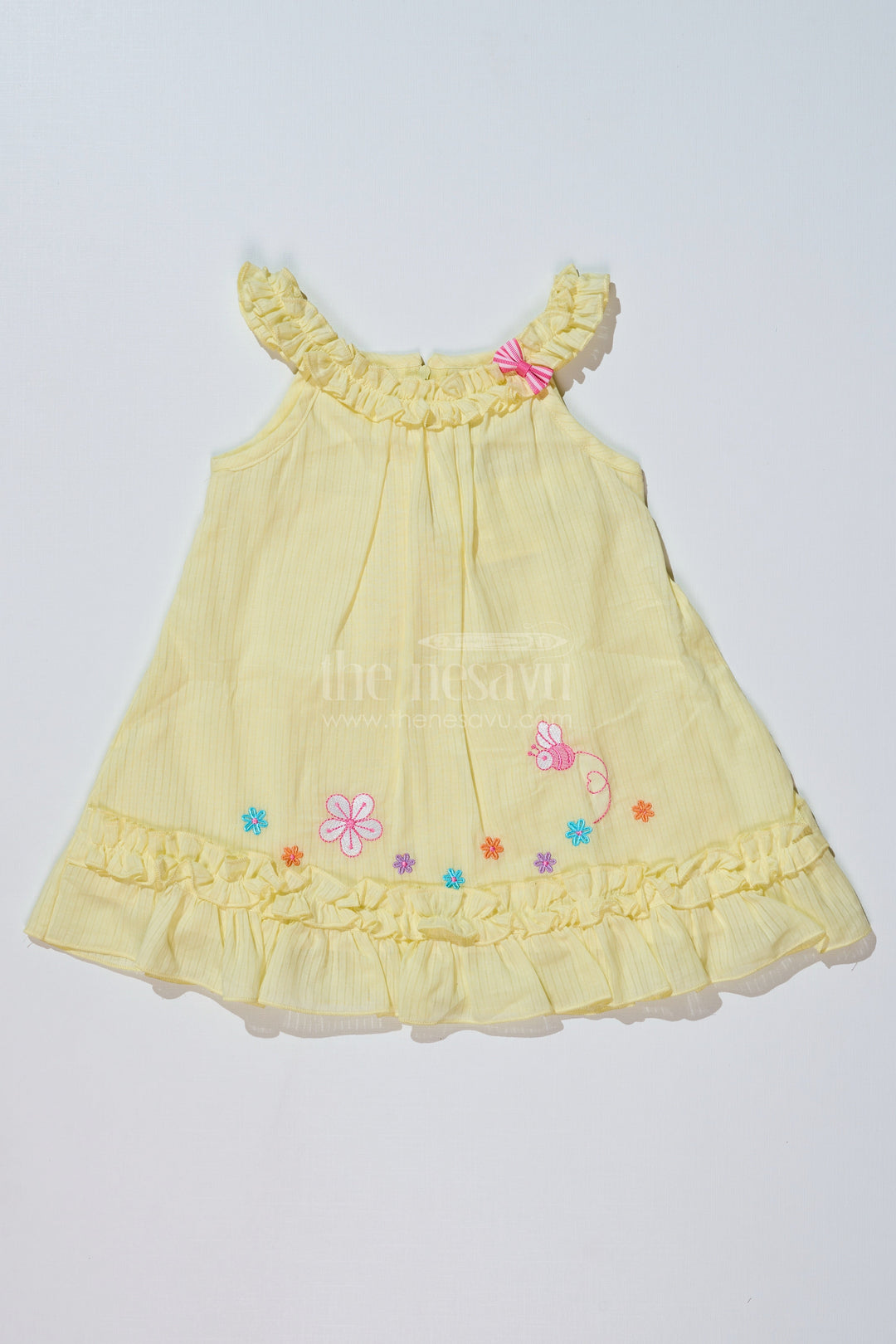 The Nesavu Baby Cotton Frocks Baby Girls Yellow Cotton Frock with Floral Embroidery and Ruffled Straps for Everyday Wear Nesavu 14 (6M) / Yellow BFJ719A-14 Baby Girls Yellow Cotton Frock Floral Embroidery Ruffled Straps | The Nesavu