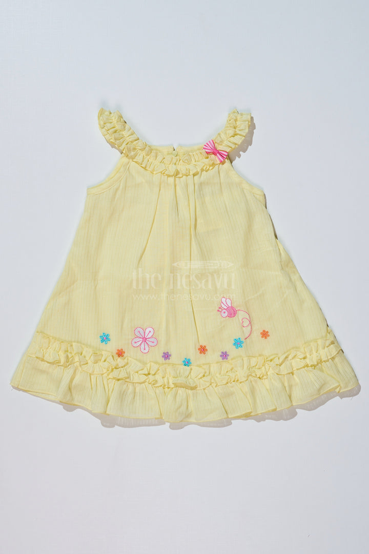 The Nesavu Baby Cotton Frocks Baby Girls Yellow Cotton Frock with Floral Embroidery and Ruffled Straps for Everyday Wear Nesavu 14 (6M) / Yellow BFJ719A-14 Baby Girls Yellow Cotton Frock Floral Embroidery Ruffled Straps | The Nesavu