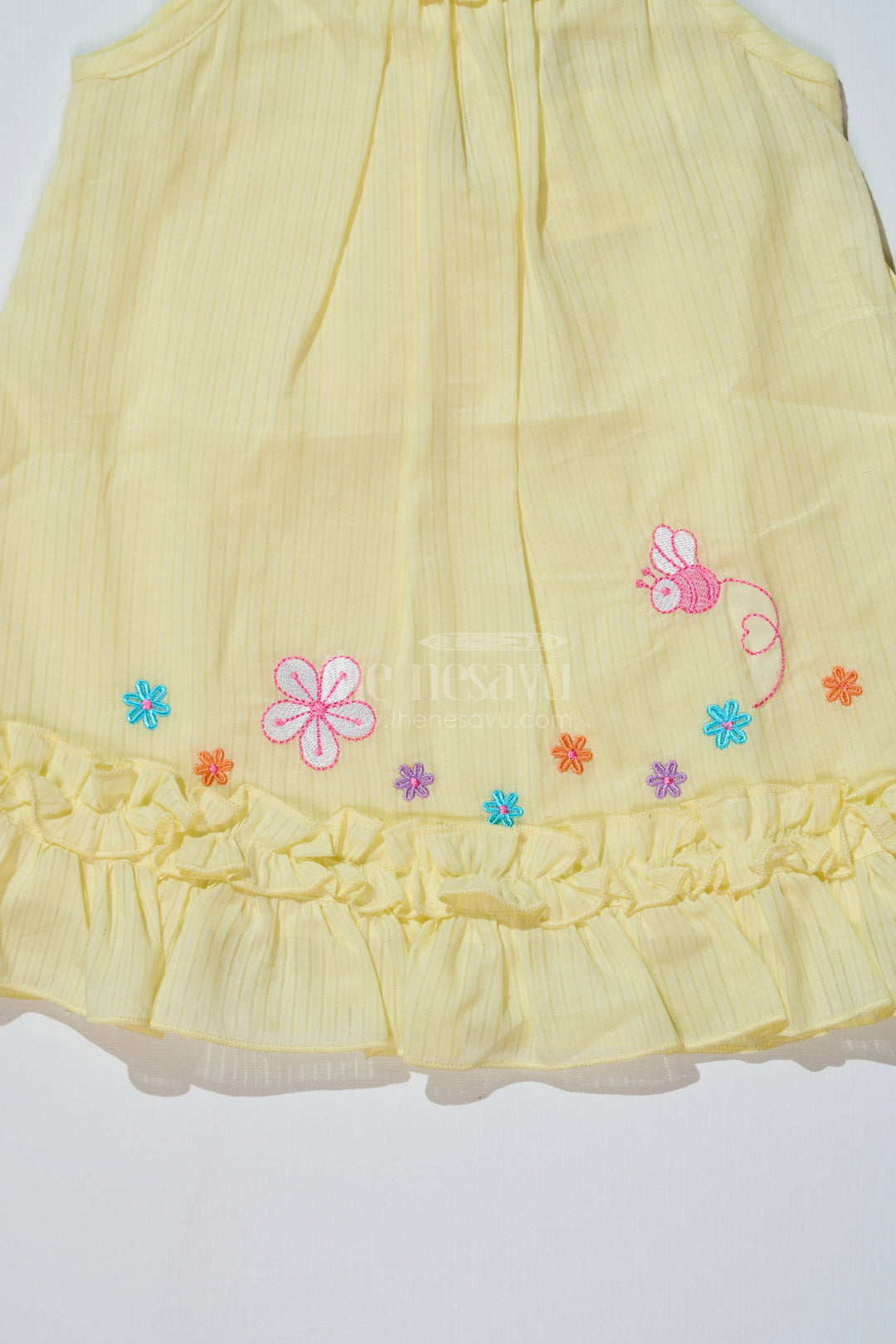 The Nesavu Baby Cotton Frocks Baby Girls Yellow Cotton Frock with Floral Embroidery and Ruffled Straps for Everyday Wear Nesavu Baby Girls Yellow Cotton Frock Floral Embroidery Ruffled Straps | The Nesavu