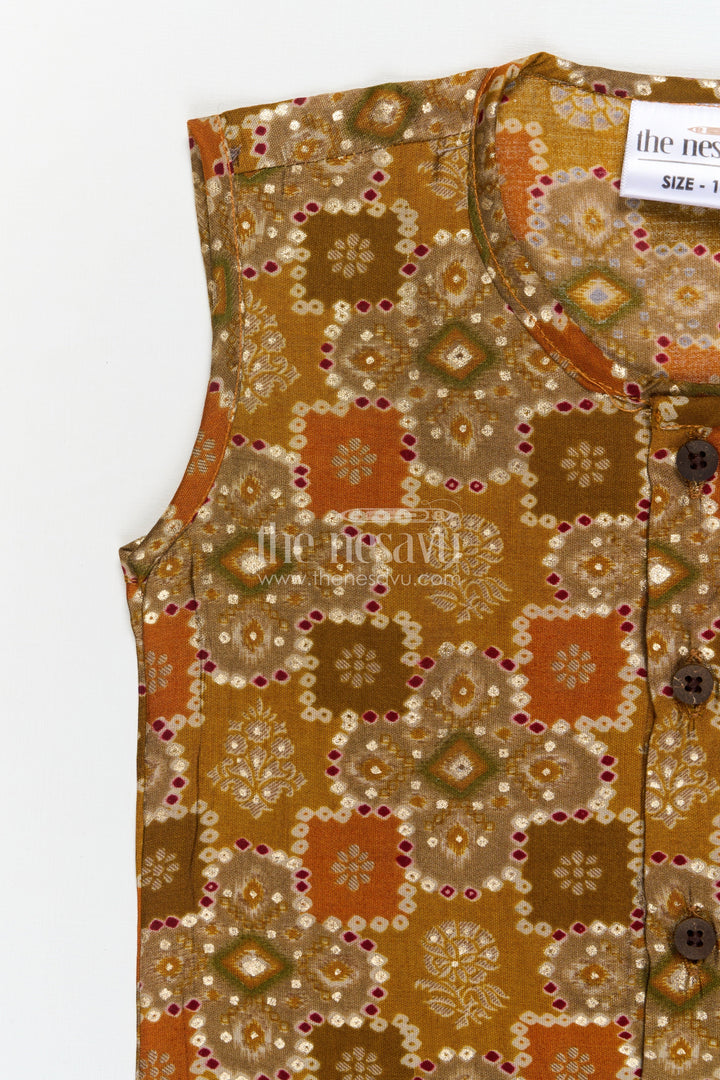 The Nesavu Baby Jablas Baby Jabla for Relaxed Home Wear and All-day Comfort Nesavu 10 (NB) / Yellow / Viscose Silk IF039B-10 Nesavu sleeveless baby jabla in modal silk with ethnic block print – ideal for home and summer wear