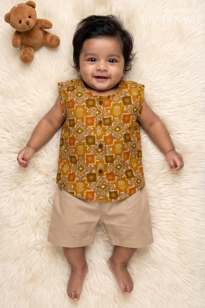 The Nesavu Baby Jablas Baby Jabla for Relaxed Home Wear and All-day Comfort Nesavu 10 (NB) / Yellow / Viscose Silk IF039B-10 Nesavu sleeveless baby jabla in modal silk with ethnic block print – ideal for home and summer wear