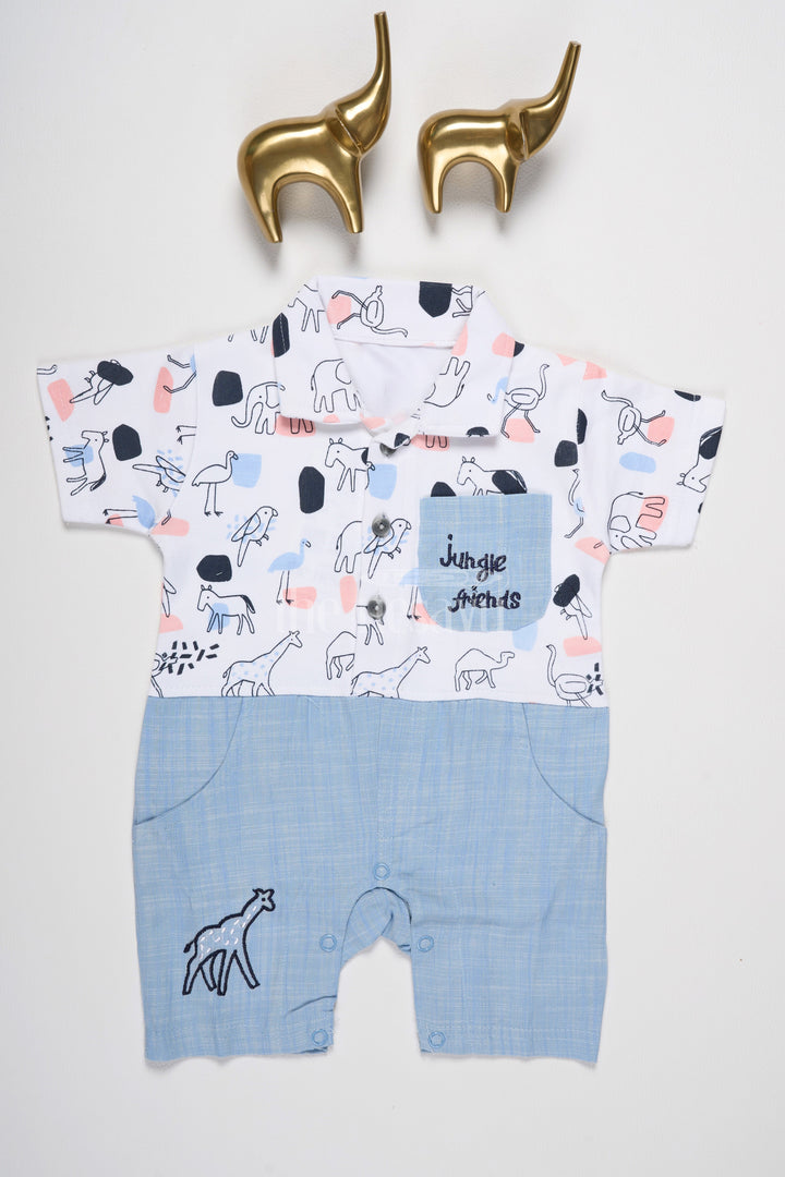 The Nesavu Baby Rompers/Onesies Baby Jungle Print Romper with Animal Appliques for Summer Playdates and Family Outings Nesavu 10 (NB) / Blue BCS154A-10 Nesavu Baby Jungle Animal Print Baby Romper Giraffe Applique Summer Adventures Playdates