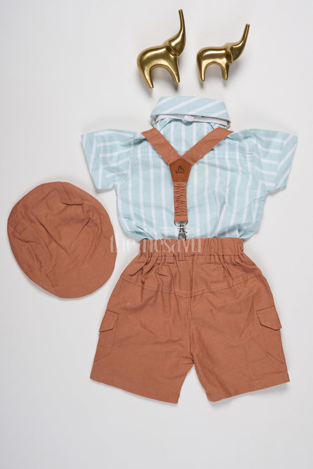 The Nesavu Baby Dungarees Baby Linen Co-Ord Set with Green Striped Shirt, Brown Suspenders, and Coordinated Shorts Nesavu Nesavu Baby Linen Co-Ord Set Green Striped Shirt Brown Suspenders Coordinated Cargo Shorts