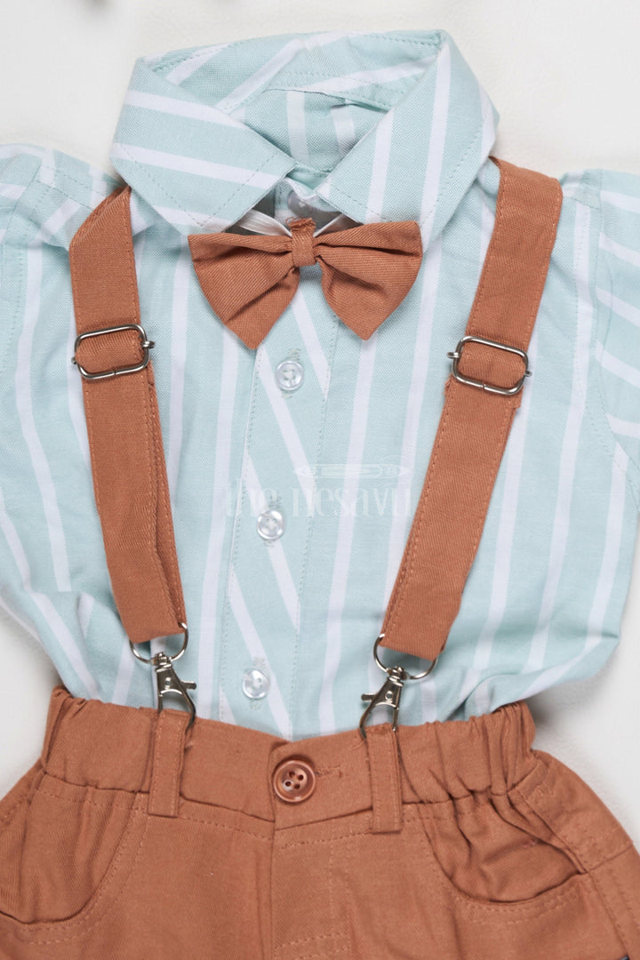 The Nesavu Baby Dungarees Baby Linen Co-Ord Set with Green Striped Shirt, Brown Suspenders, and Coordinated Shorts Nesavu Nesavu Baby Linen Co-Ord Set Green Striped Shirt Brown Suspenders Coordinated Cargo Shorts