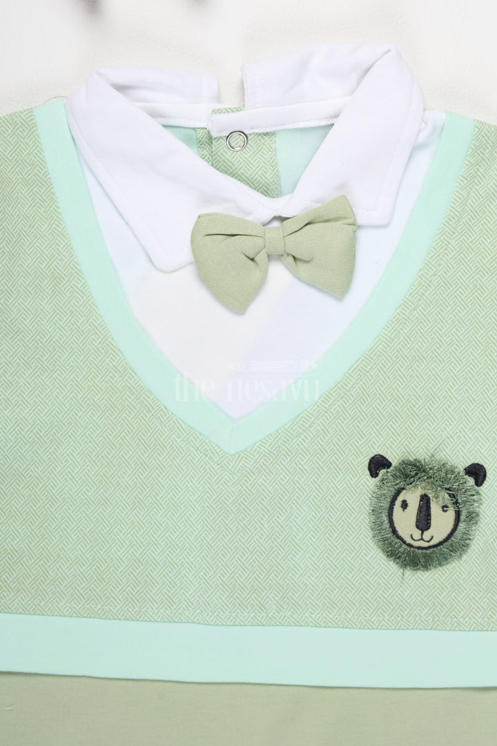 The Nesavu Baby Rompers/Onesies Baby Olive Green Romper with Panda Applique and Bow Tie for Casual Outings Nesavu Nesavu Baby Olive Green Baby Romper Panda Applique Bow Tie Playdates Family Outings