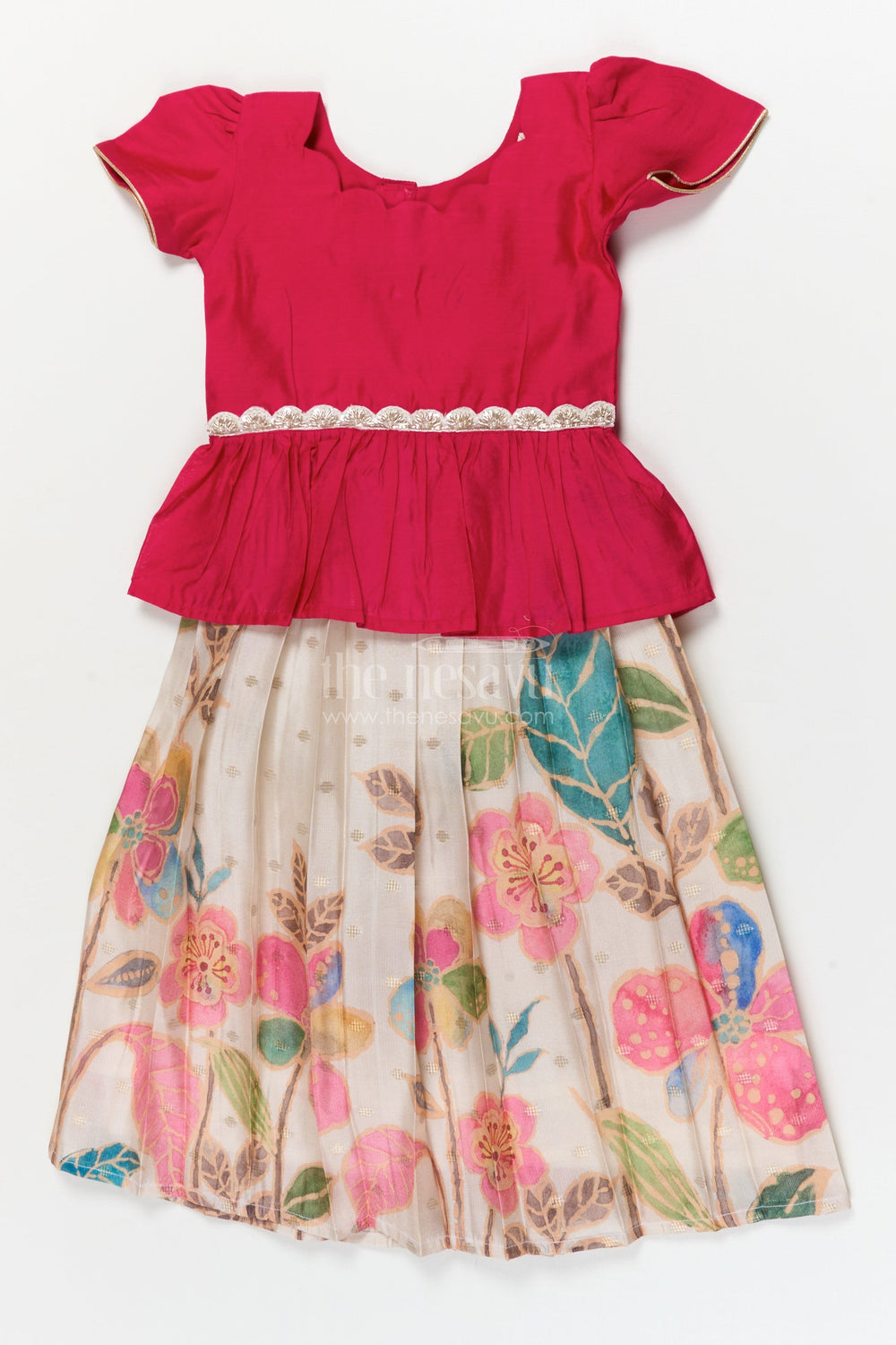 The Nesavu Pattu Pavadai Baby Pattu Pavadai for Birthday Parties and Photo Sessions Nesavu 18 (2Y) / Red / Banarasi GPP364A-18 Nesavu baby girl pattu pavadai with floral skirt for birthdays and festive photoshoots
