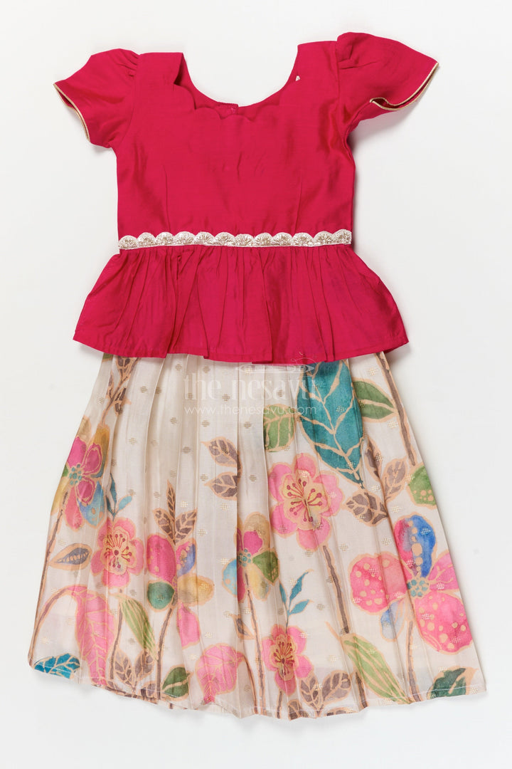 The Nesavu Pattu Pavadai Baby Pattu Pavadai for Birthday Parties and Photo Sessions Nesavu 18 (2Y) / Red / Banarasi GPP364A-18 Nesavu baby girl pattu pavadai with floral skirt for birthdays and festive photoshoots