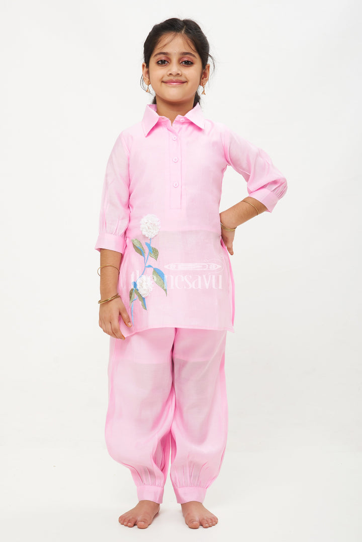 The Nesavu Girls Sharara / Plazo Set Baby Pink Elbow Sleeve Modal Silk Kurta Set with Floral Embroidery for Girls Nesavu 24 (5Y) / Pink GPS337A-24 Baby Pink 3/4th Sleeve Modal Silk Kurta Set for Girls