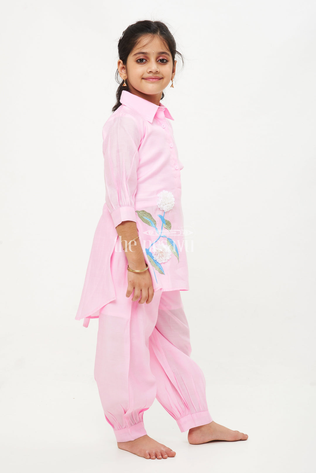 The Nesavu Girls Sharara / Plazo Set Baby Pink Elbow Sleeve Modal Silk Kurta Set with Floral Embroidery for Girls Nesavu Baby Pink 3/4th Sleeve Modal Silk Kurta Set for Girls