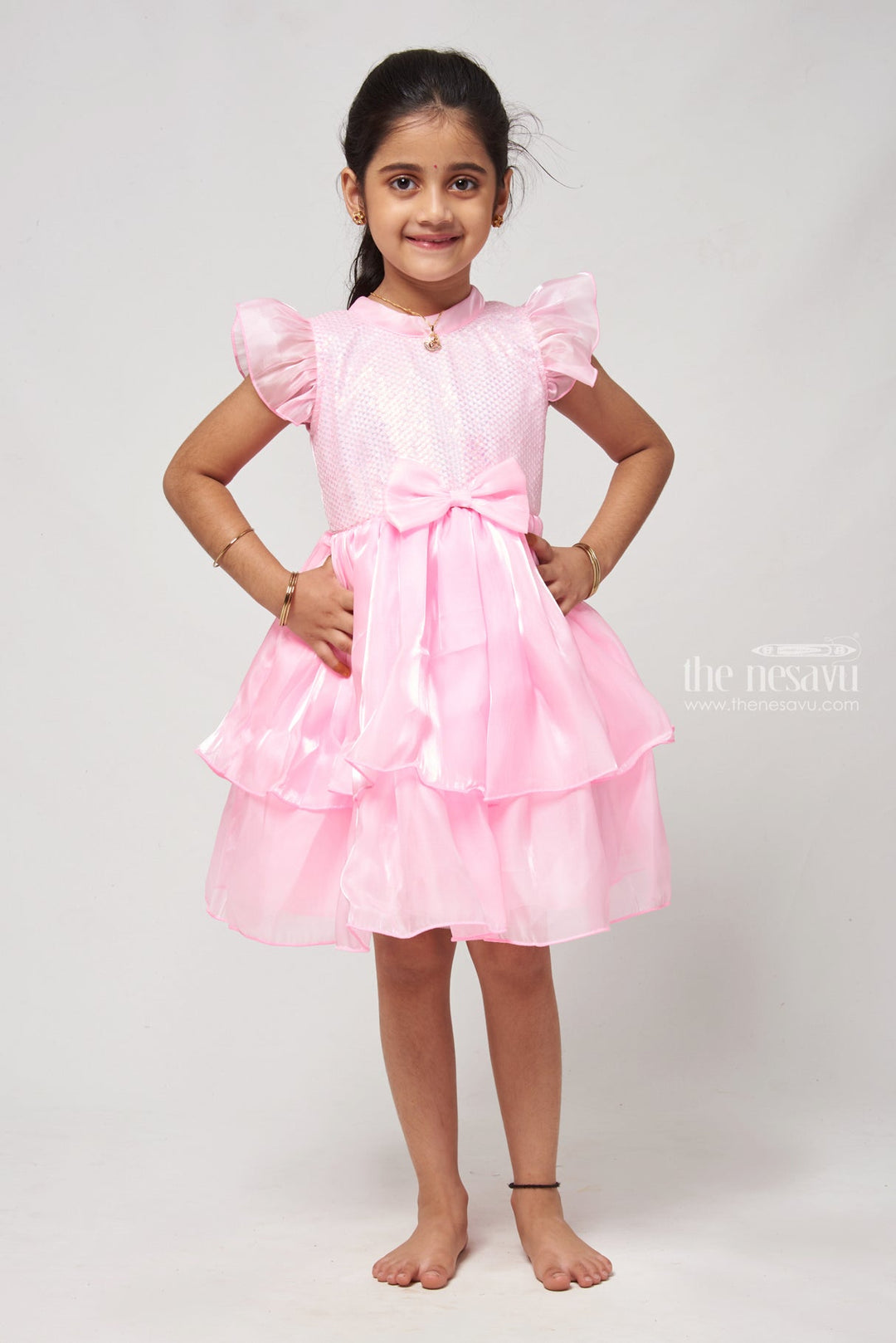 The Nesavu Girls Fancy Party Frock Baby Pink Elegance Sequin-Detailed Gown for Infants - Monotone Party Frock with Bow & Dual Layers Nesavu 16 (1Y) / Pink / Organza Tissue PF129B-16 Newborn Birthday Outfit | Party Wear Frock For Girls | The Nesavu