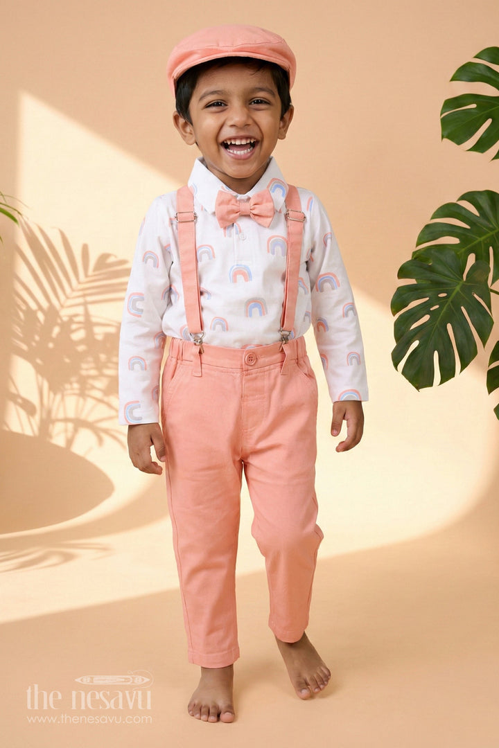The Nesavu Baby Dungarees Baby Pink Trousers with Rainbow Print Shirt and Suspenders for Playful Semi-Formal Look Nesavu 12 (3M) / Pink BCS159A-12 Nesavu Baby Rainbow Print Shirt Pink Trousers Suspenders Playful Semi-Formal Outings