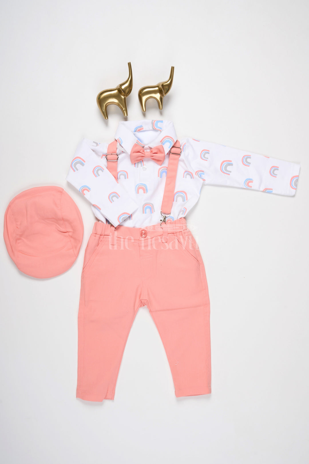 The Nesavu Baby Dungarees Baby Pink Trousers with Rainbow Print Shirt and Suspenders for Playful Semi-Formal Look Nesavu 12 (3M) / Pink BCS159A-12 Nesavu Baby Rainbow Print Shirt Pink Trousers Suspenders Playful Semi-Formal Outings