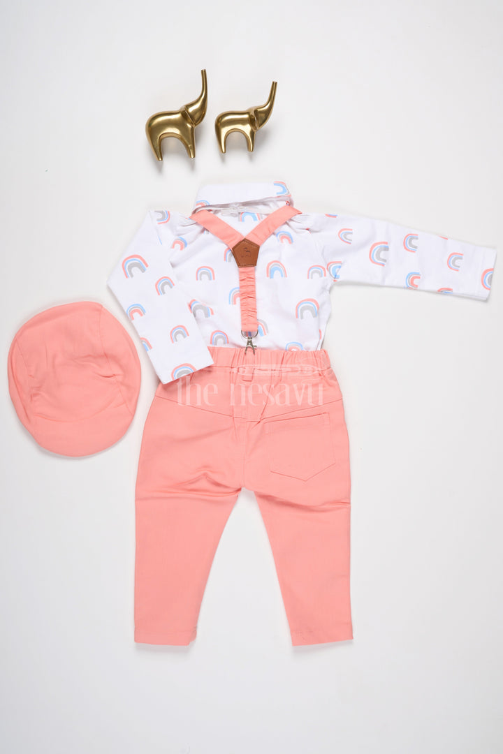 The Nesavu Baby Dungarees Baby Pink Trousers with Rainbow Print Shirt and Suspenders for Playful Semi-Formal Look Nesavu Nesavu Baby Rainbow Print Shirt Pink Trousers Suspenders Playful Semi-Formal Outings