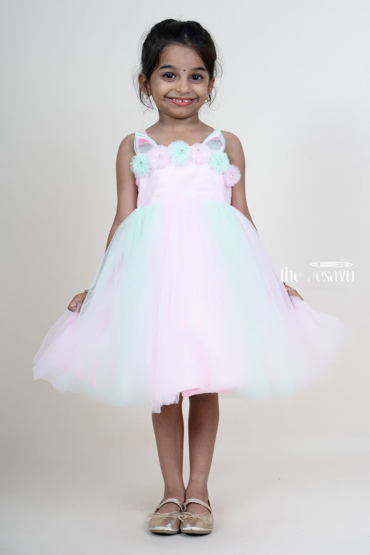 The Nesavu Girls Tutu Frock Baby Pink With Green Designer Soft Net Frock For Baby Girls Nesavu 20 (3Y) / Pink PF74A-20 Party Wear Gowns For Toddlers | Designer Floral Trims Patterns | The Nesavu