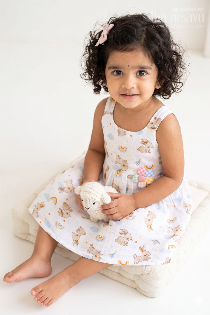 The Nesavu Baby Cotton Frocks Baby Printed Frock for Playful Day Photoshoots Nesavu 14 (6M) / White / Muslin Cotton BFJ1014B-14 Nesavu Baby Printed Frock For Playful Day Photoshoots With Muslin Cotton And Bunny Print