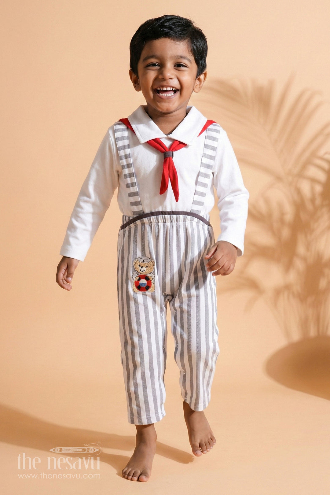 The Nesavu Boys Casual Set Baby Romper with Nautical Theme, Striped Pants, and Red Scarf Detail for Infants Nesavu 12 (3M) / Multicolor BCS160A-12 Nesavu Nautical-Themed Baby Romper Stripes Red Scarf Teddy Bear Embroidery Infants