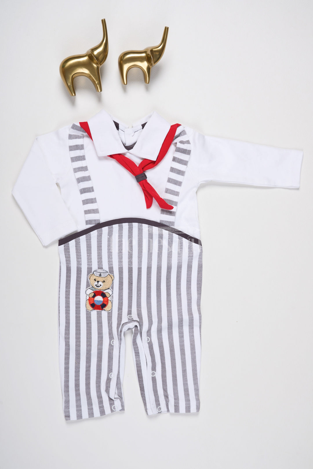 The Nesavu Boys Casual Set Baby Romper with Nautical Theme, Striped Pants, and Red Scarf Detail for Infants Nesavu 12 (3M) / Multicolor BCS160A-12 Nesavu Nautical-Themed Baby Romper Stripes Red Scarf Teddy Bear Embroidery Infants