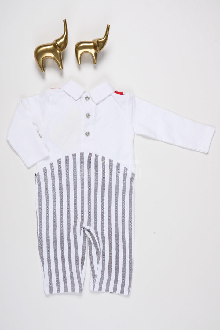 The Nesavu Boys Casual Set Baby Romper with Nautical Theme, Striped Pants, and Red Scarf Detail for Infants Nesavu Nesavu Nautical-Themed Baby Romper Stripes Red Scarf Teddy Bear Embroidery Infants