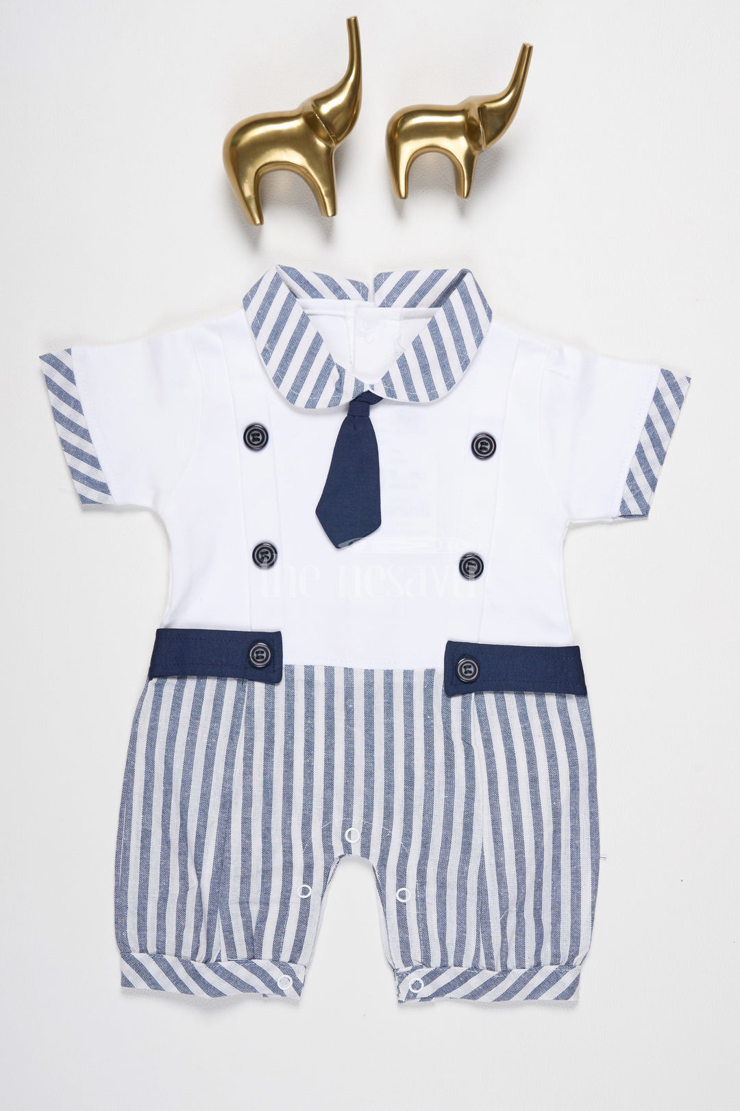 The Nesavu Baby Rompers/Onesies Baby Romper with Navy and White Striped Sailor Collar Design for Nautical-Themed Outfits Nesavu 10 (NB) / Half white BCS161B-10 Nesavu Baby Sailor Romper Navy White Stripes Buttoned Belt Nautical-Inspired Design