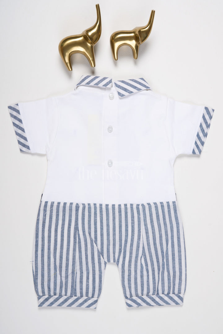 The Nesavu Baby Rompers/Onesies Baby Romper with Navy and White Striped Sailor Collar Design for Nautical-Themed Outfits Nesavu Nesavu Baby Sailor Romper Navy White Stripes Buttoned Belt Nautical-Inspired Design