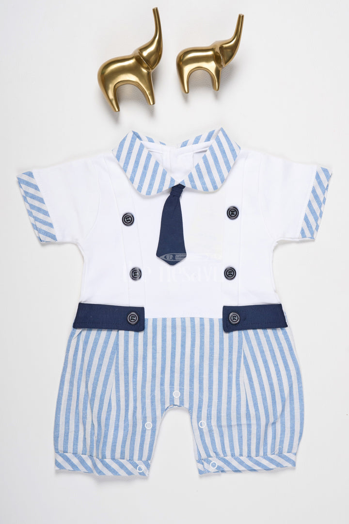 The Nesavu Baby Rompers/Onesies Baby Romper with Sailor Collar, Black Stripes, and Buttoned Belt for Classic Nautical Charm Nesavu 10 (NB) / Half white BCS161A-10 Nesavu Baby Romper Sailor Collar Stripes Black Belt Detail Classic Nautical Look