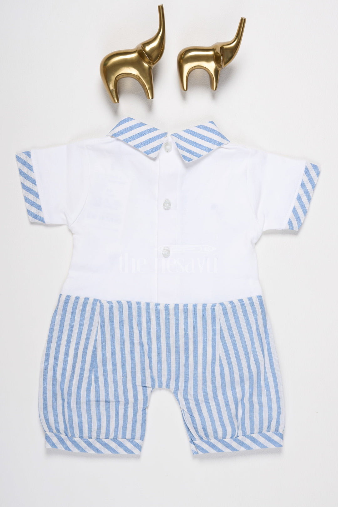 The Nesavu Baby Rompers/Onesies Baby Romper with Sailor Collar, Black Stripes, and Buttoned Belt for Classic Nautical Charm Nesavu Nesavu Baby Romper Sailor Collar Stripes Black Belt Detail Classic Nautical Look