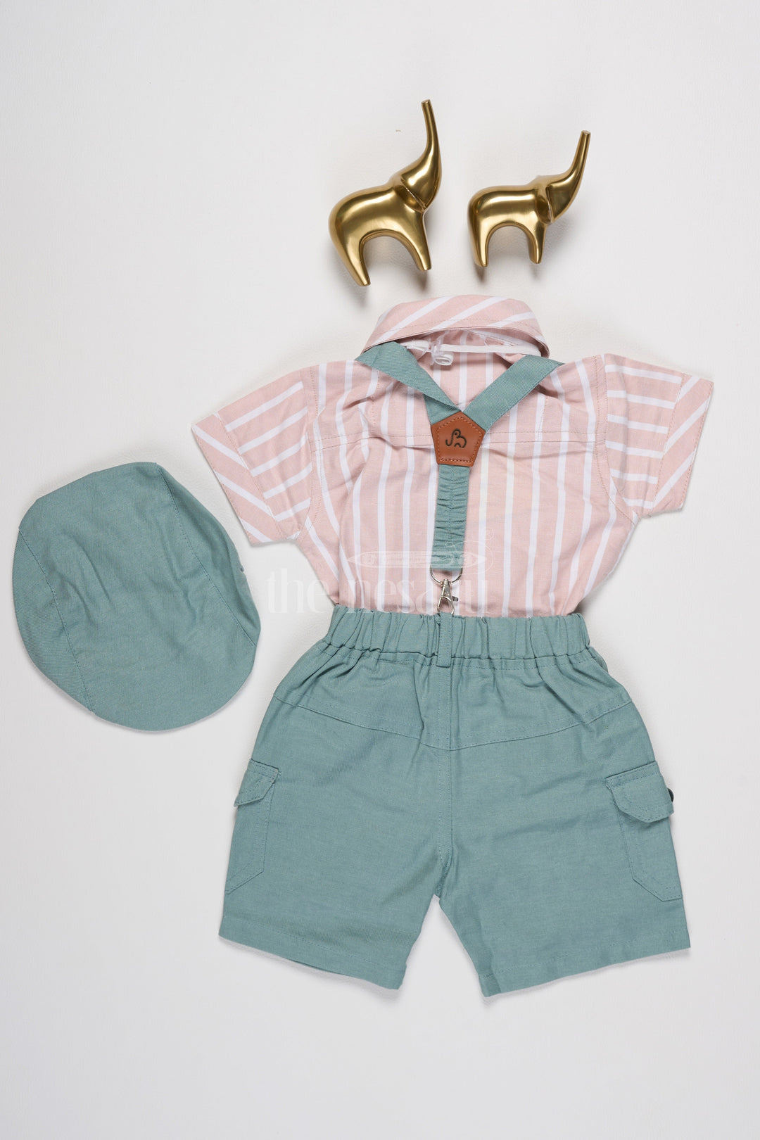 The Nesavu Baby Dungarees Baby Striped Shirt and Soft Green Suspenders Two-Piece Set with Matching Shorts Nesavu Nesavu Baby Two-Piece Set Beige Striped Shirt Soft Green Shorts Suspenders