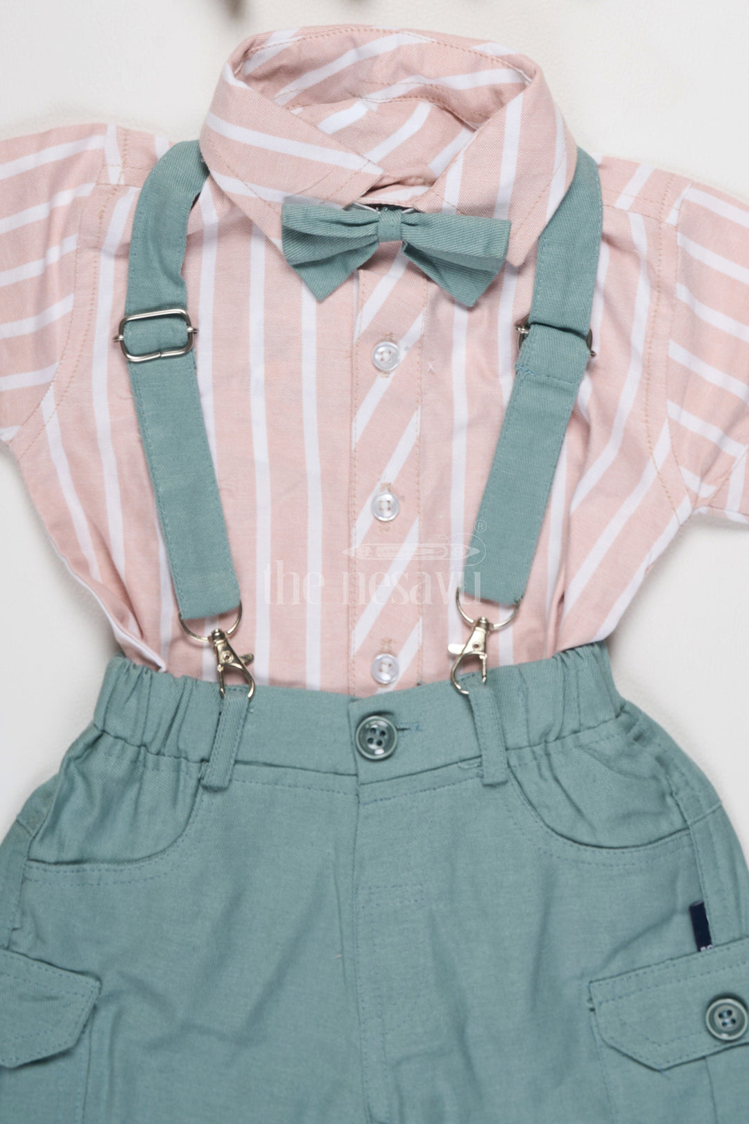 The Nesavu Baby Dungarees Baby Striped Shirt and Soft Green Suspenders Two-Piece Set with Matching Shorts Nesavu Nesavu Baby Two-Piece Set Beige Striped Shirt Soft Green Shorts Suspenders