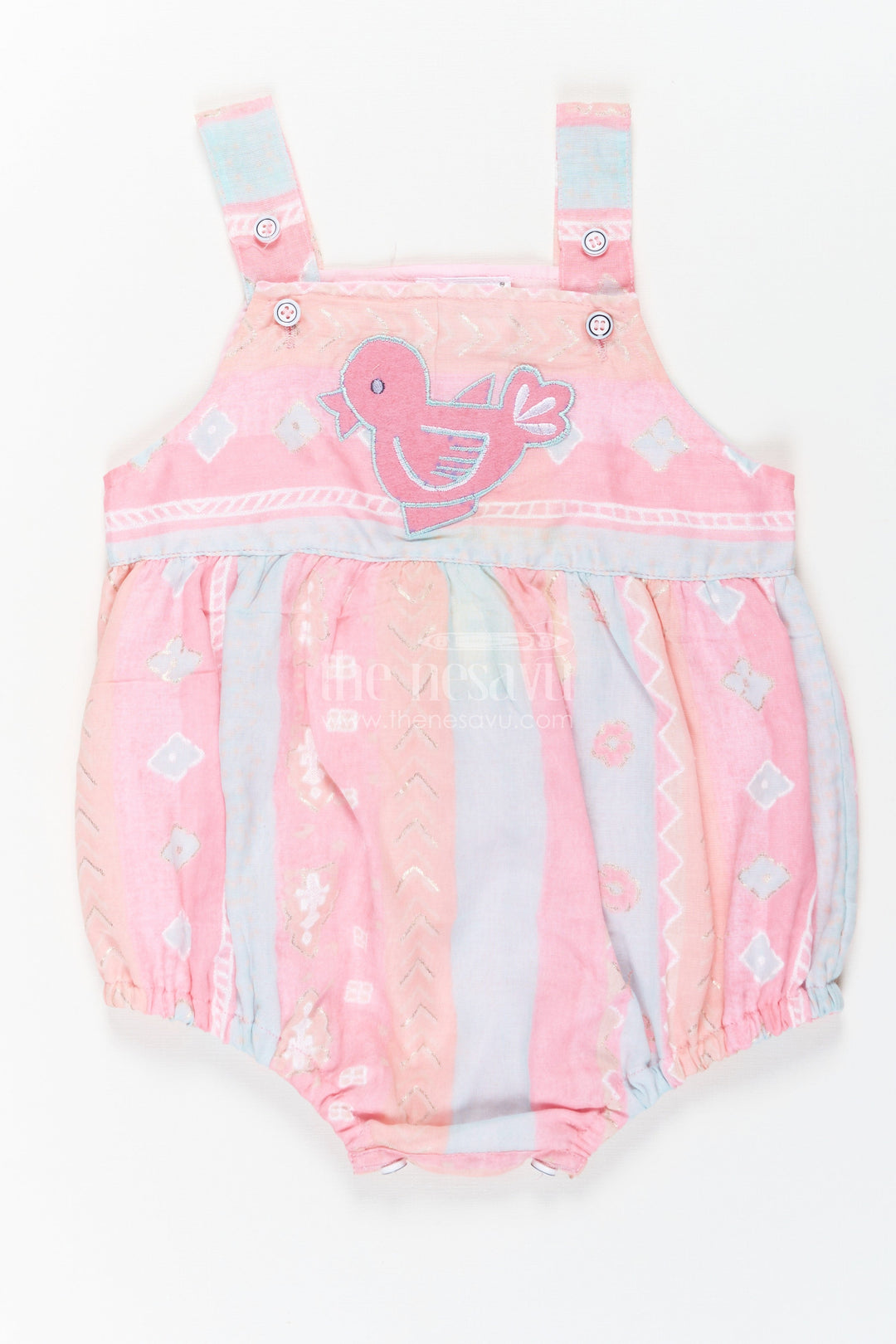 The Nesavu Baby Rompers/Onesies Baby Summer Rompers in Cotton Blend with Bird Appliqué and Soft Pastel Colors Nesavu 14 (6M) / Pink IF024B-14 Baby Summer Rompers Cotton Blend Bird Appliqu Adjustable Straps | The Nesavu