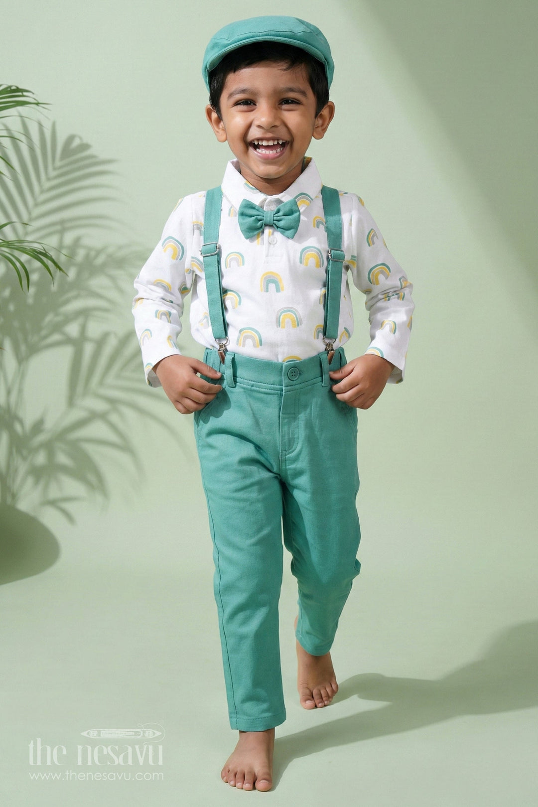The Nesavu Baby Dungarees Baby Teal Trousers and Rainbow Print Shirt with Suspenders for Fun Casual Look Nesavu 12 (3M) / Blue BCS159B-12 Nesavu Baby Teal Trousers Rainbow Print Shirt Suspenders Fun Semi-Formal Events