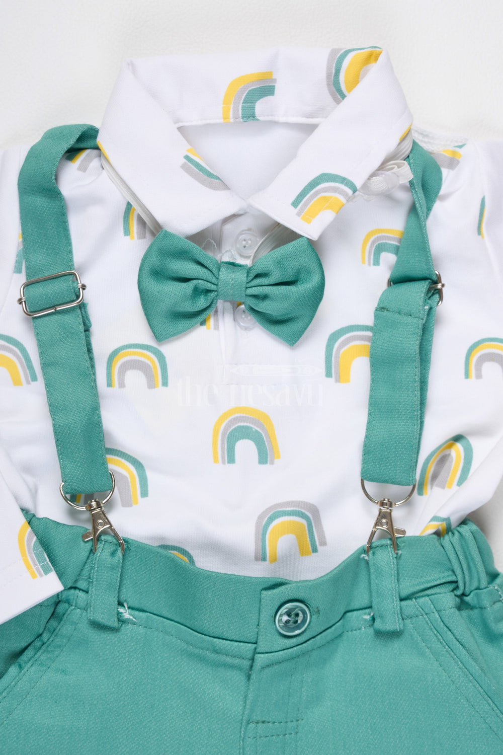 The Nesavu Baby Dungarees Baby Teal Trousers and Rainbow Print Shirt with Suspenders for Fun Casual Look Nesavu Nesavu Baby Teal Trousers Rainbow Print Shirt Suspenders Fun Semi-Formal Events