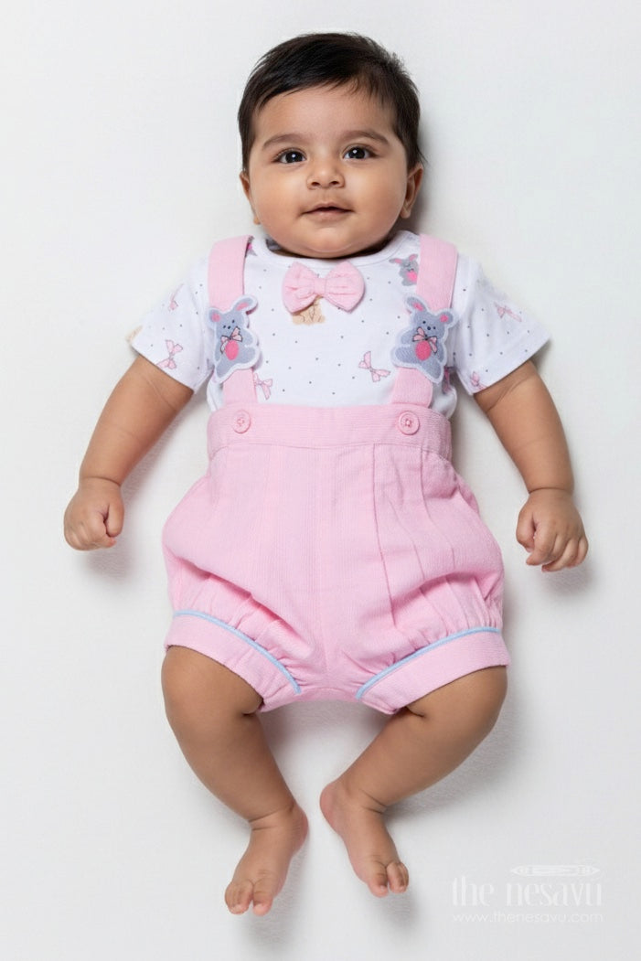 The Nesavu Baby Casual Sets Baby Unisex Casual Romper Set with Bear Motifs for Comfy Playtime Nesavu 10 (NB) / Pink BCS481A-10 Nesavu baby romper set bear appliqus bow  comfy outfit casual wear playtime
