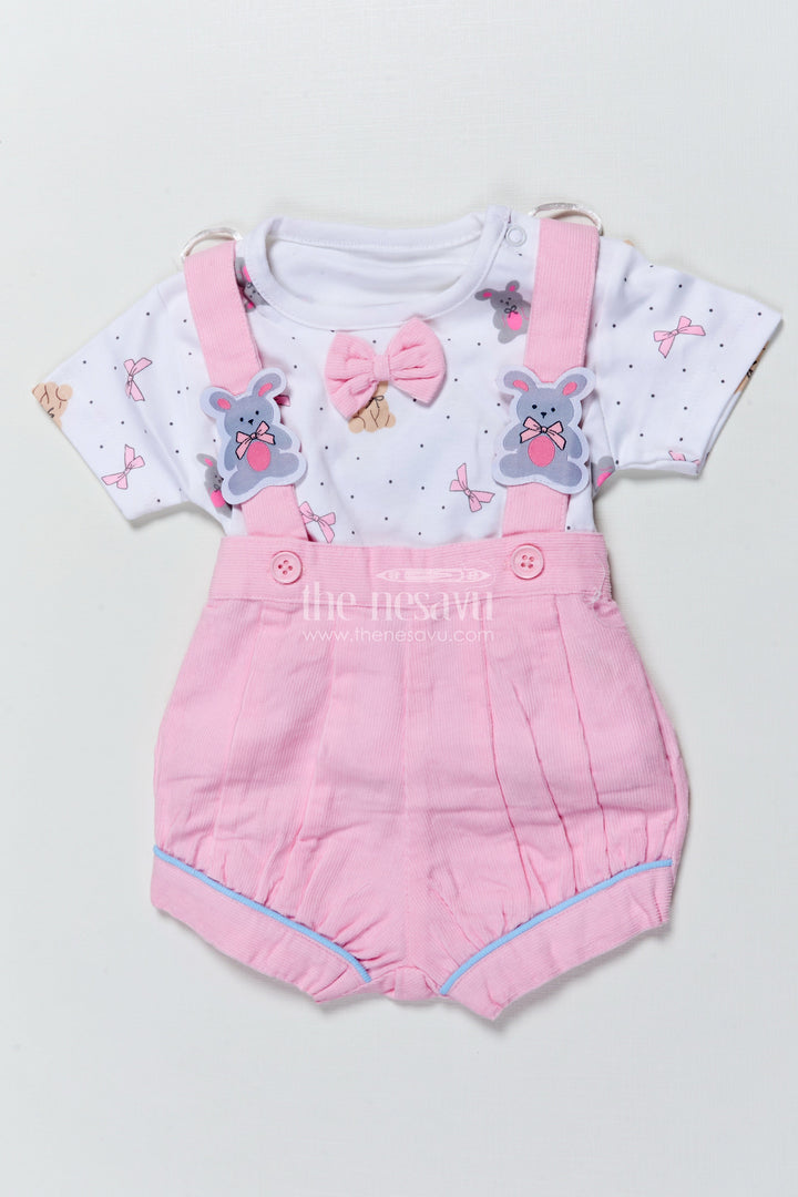 The Nesavu Baby Casual Sets Baby Unisex Casual Romper Set with Bear Motifs for Comfy Playtime Nesavu Nesavu baby romper set bear appliqus bow  comfy outfit casual wear playtime