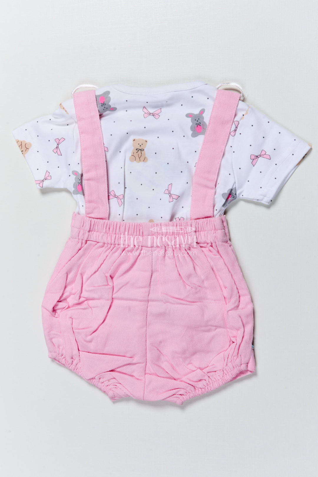 The Nesavu Baby Casual Sets Baby Unisex Casual Romper Set with Bear Motifs for Comfy Playtime Nesavu Nesavu baby romper set bear appliqus bow  comfy outfit casual wear playtime