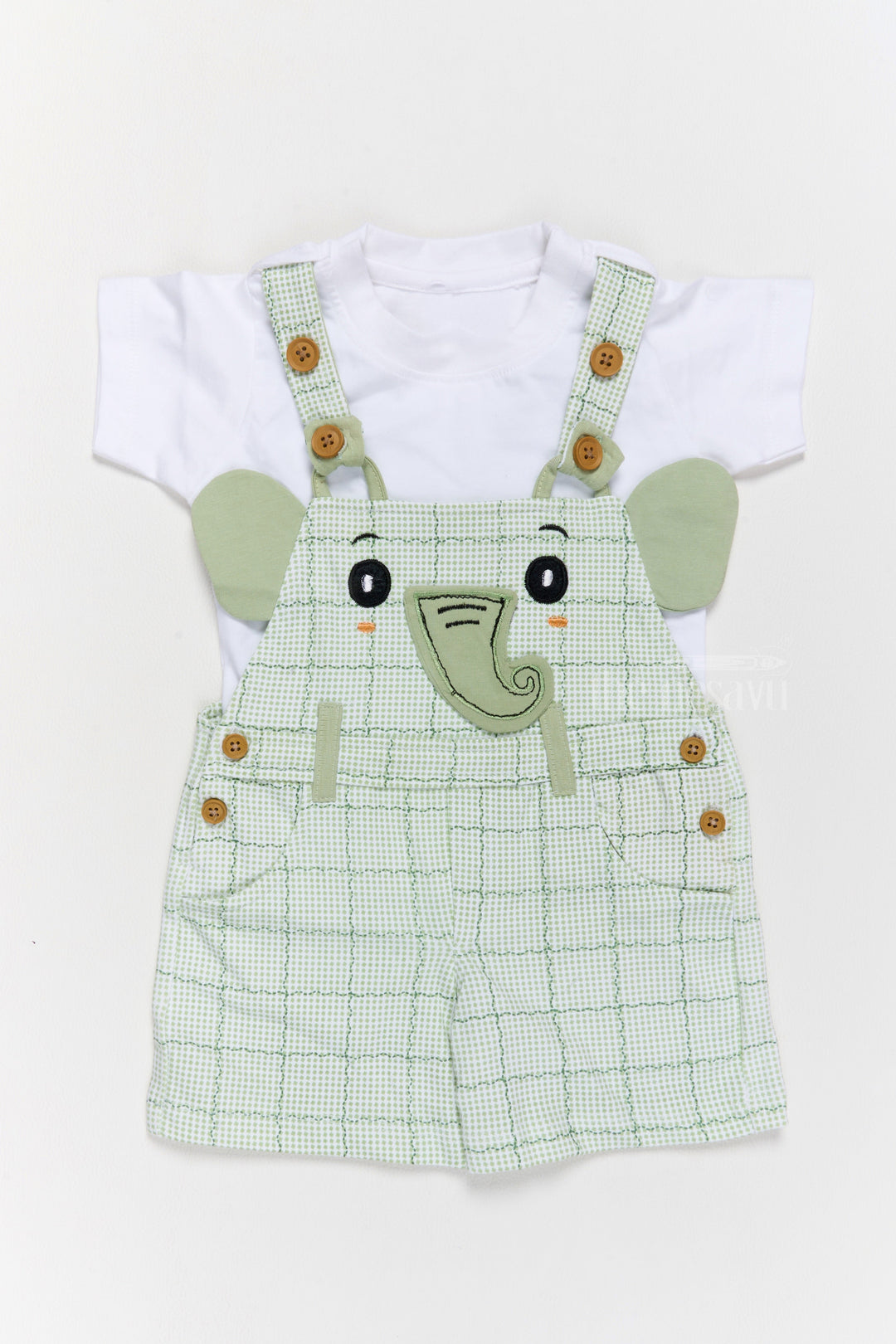 The Nesavu Baby Casual Sets Babydoll Casual Dress Green Checked Elephant Applique Cotton Dungaree Set Nesavu 14 (6M) / Green BCS180B-14 Babydoll Casual Dress Green Checked Dungaree Set Elephant Applique | The Nesavu