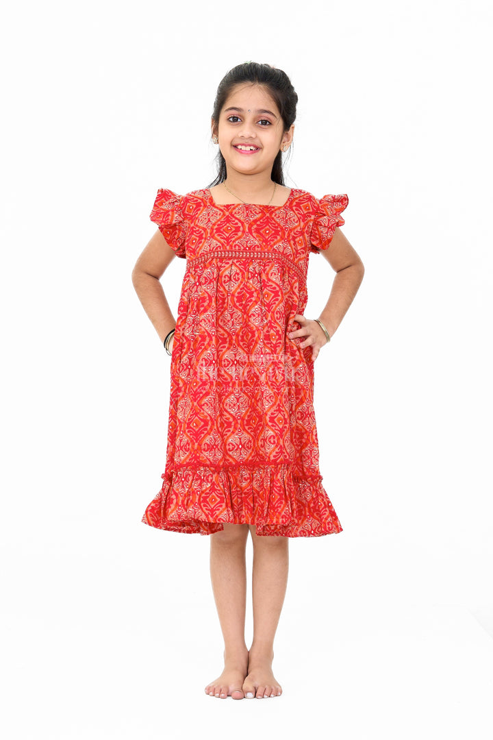 The Nesavu Girls Cotton Frock Babyhug Cotton Frock in Red with Intricate Patterns and Ruffled Hem Nesavu 16 (1Y) / Red GFC1580B-16 Babyhug Cotton Frock Red Ruffled Hem Elegant Patterns | The Nesavu