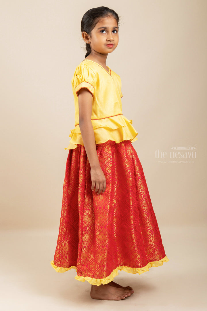 The Nesavu Pattu Pavadai Banaras Red Brocade Silk Langa With Bright Yellow Designer Ethnic Top Nesavu 16 (1Y) / Orange / Jacquard GPP163-16 Pattu Langa voni Girl Baby | New Silk Pavada designs | the Nesavu