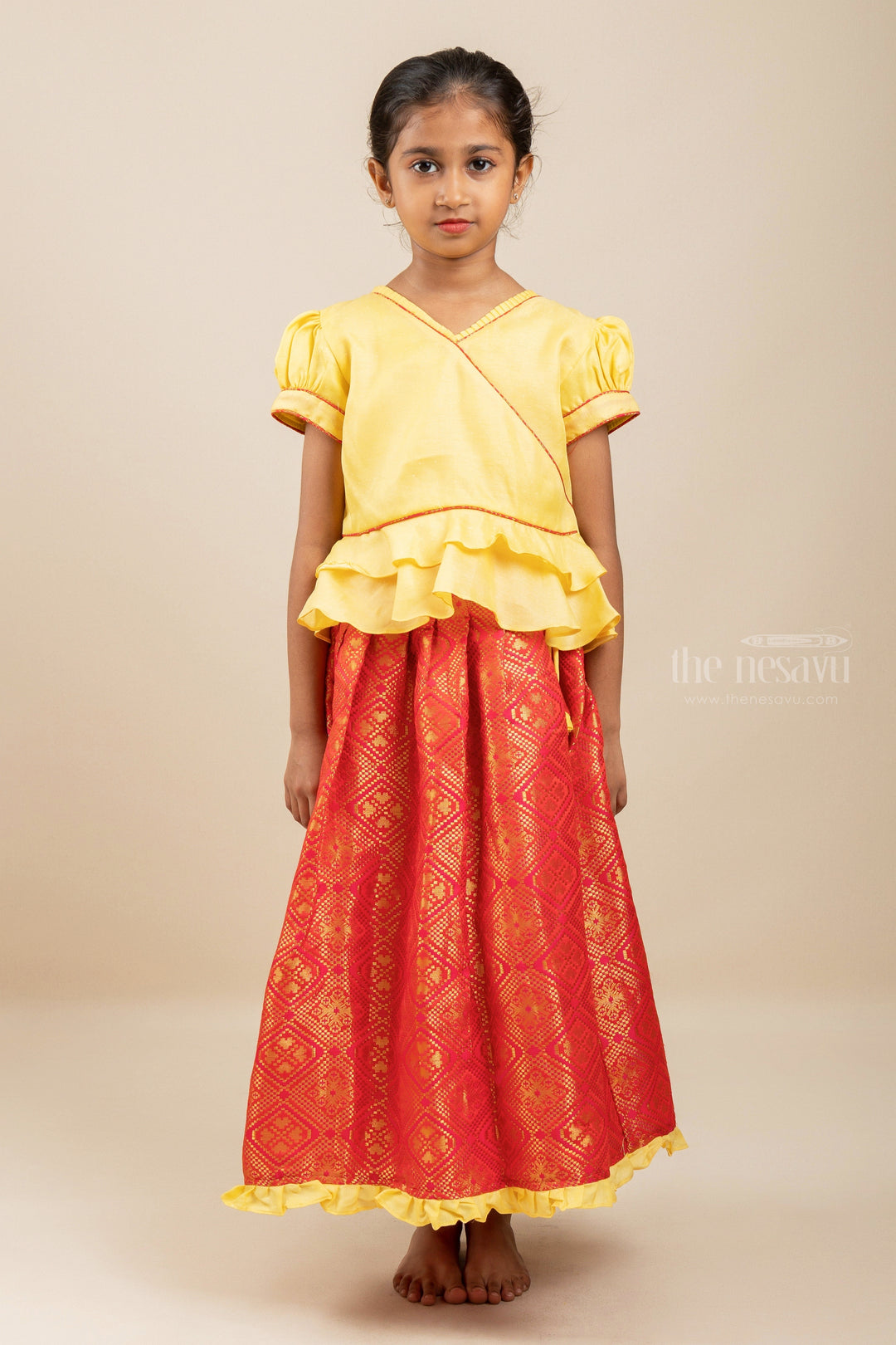 Banaras Red Brocade Silk Langa With Bright Yellow Designer Ethnic Top