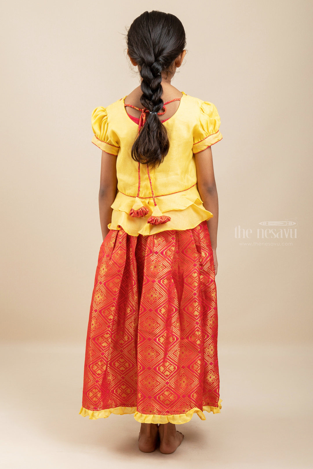 Banaras Red Brocade Silk Langa With Bright Yellow Designer Ethnic Top