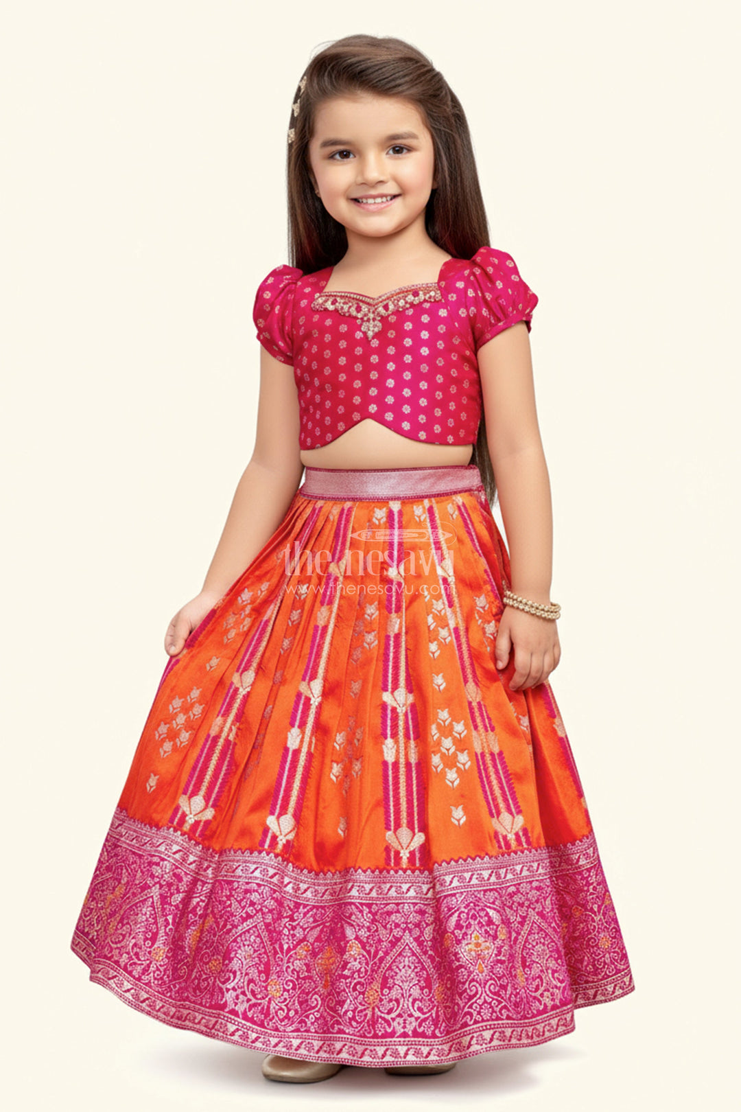 The Nesavu Girls Lehenga Choli Banarasi Lehenga Blouse Design for Girls Traditional Zari Set Nesavu Nesavu Girls Banarasi Silk Lehenga Blouse Design Zari Border Vibrant Traditional Color Contrast