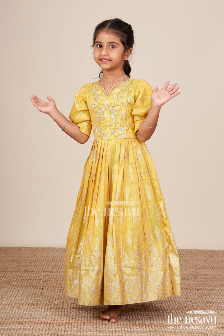 The Nesavu Girls Silk Gown Banarasi Silk Gown with Designer Yoke Elegant Traditional Dress for Girls Nesavu 20 (3Y) / Yellow GA378B-20 Girls Banarasi silk gown embroidered yoke  Nesavu ethnic wear