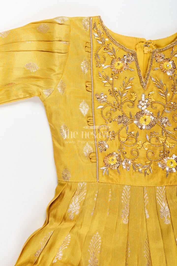 The Nesavu Girls Silk Gown Banarasi silk gown with designer yoke – elegant traditional dress for girls Nesavu Girls Banarasi silk gown embroidered yoke  Nesavu ethnic wear