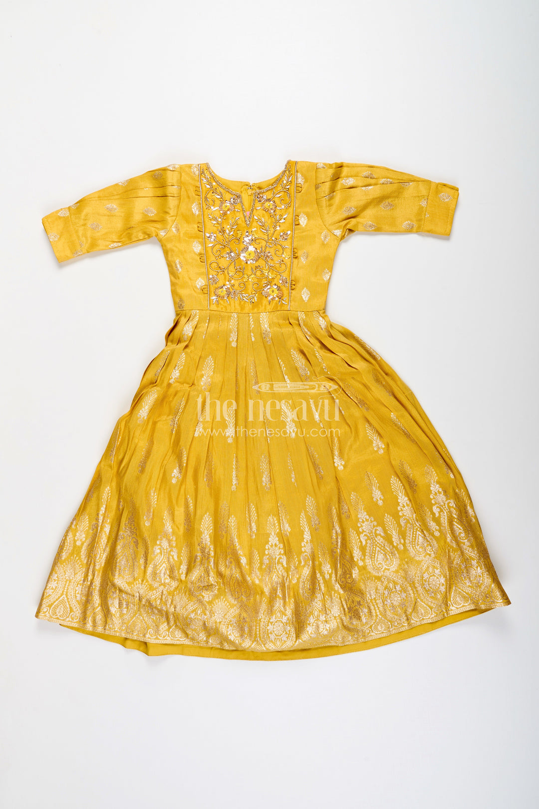 The Nesavu Girls Silk Gown Banarasi silk gown with designer yoke – elegant traditional dress for girls Nesavu Girls Banarasi silk gown embroidered yoke  Nesavu ethnic wear