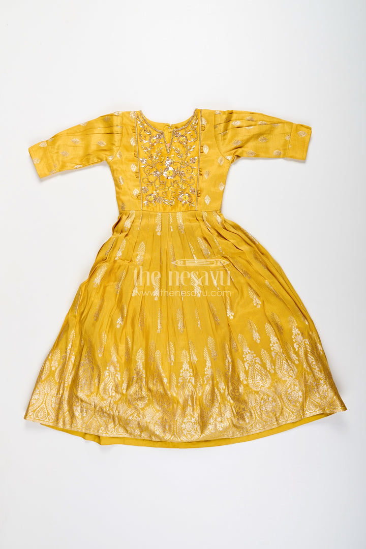 The Nesavu Girls Silk Gown Banarasi silk gown with designer yoke – elegant traditional dress for girls Nesavu Girls Banarasi silk gown embroidered yoke  Nesavu ethnic wear